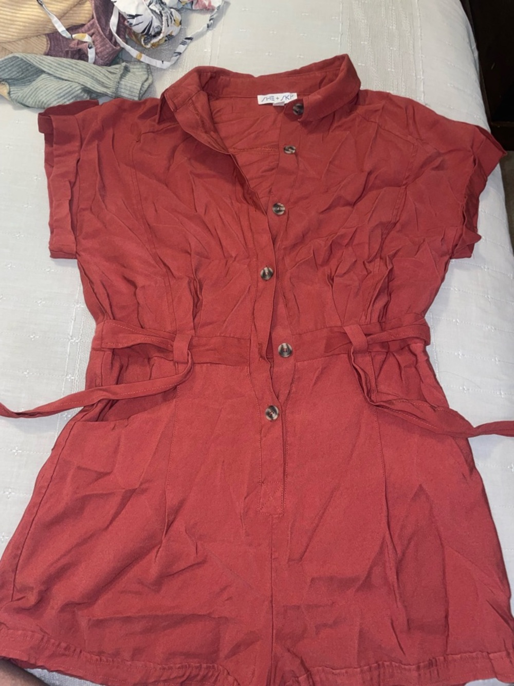 She + Sky Rust Red Button-Front Mini Dress with Waist Tie